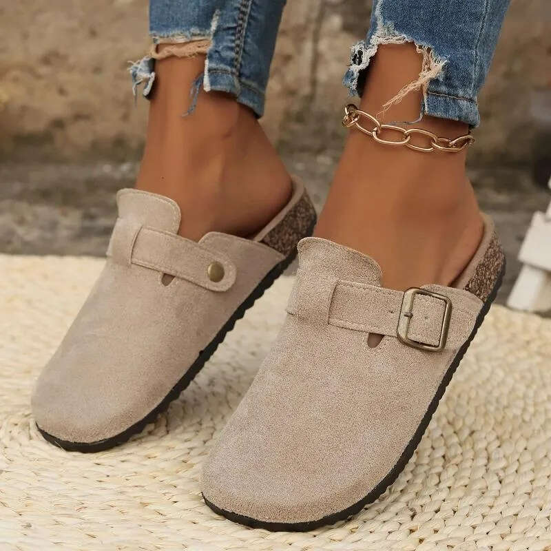 Designer Slippers Women's Solid Color Mules Round Suede Fashion Gifts Clog Sandal Casual Closed Toe Slip On Buckle Strap Design Vintage Flat Ladi - view 5
