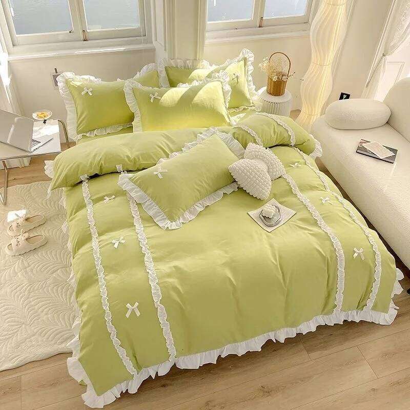 Korean Princess Style Bedding Sets Ins Lace Bowknot Duvet Cover Fitted Sheet For Girl Woman Home Bedroom Kawaii Bed Linens H260312