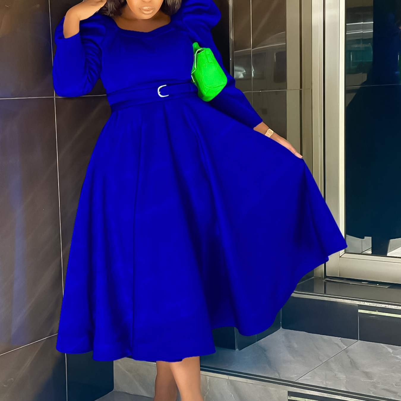 D467 Womens Winter New Fashion Puff Sleeve Plus Size Party Dress