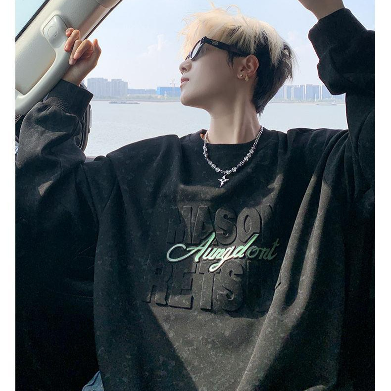 Men's New Fleece-lined Crew Neck Sweatshirt Loose Casual Pullover Top Autumn Wear Letter Embossed Style Designer Hoodie Trendy Jacket