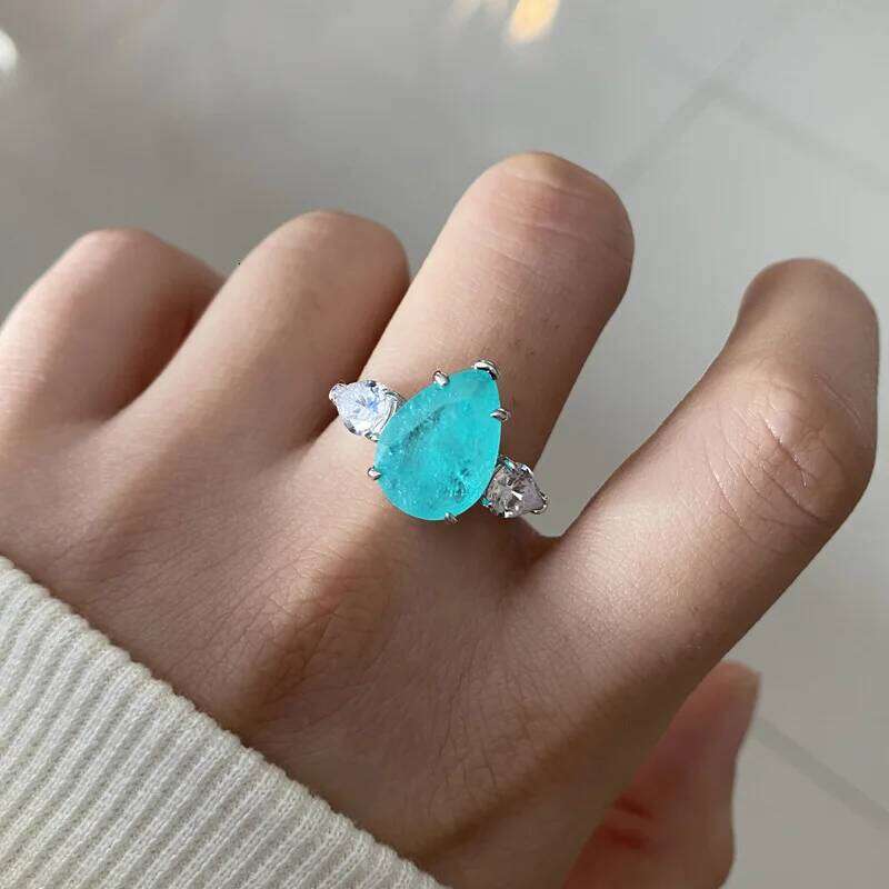 New Fashion Paraiba Geometric Drop Gemstone Ring Light 925 Sterling Silver Ladies Birthday Jewelry Gift H260312