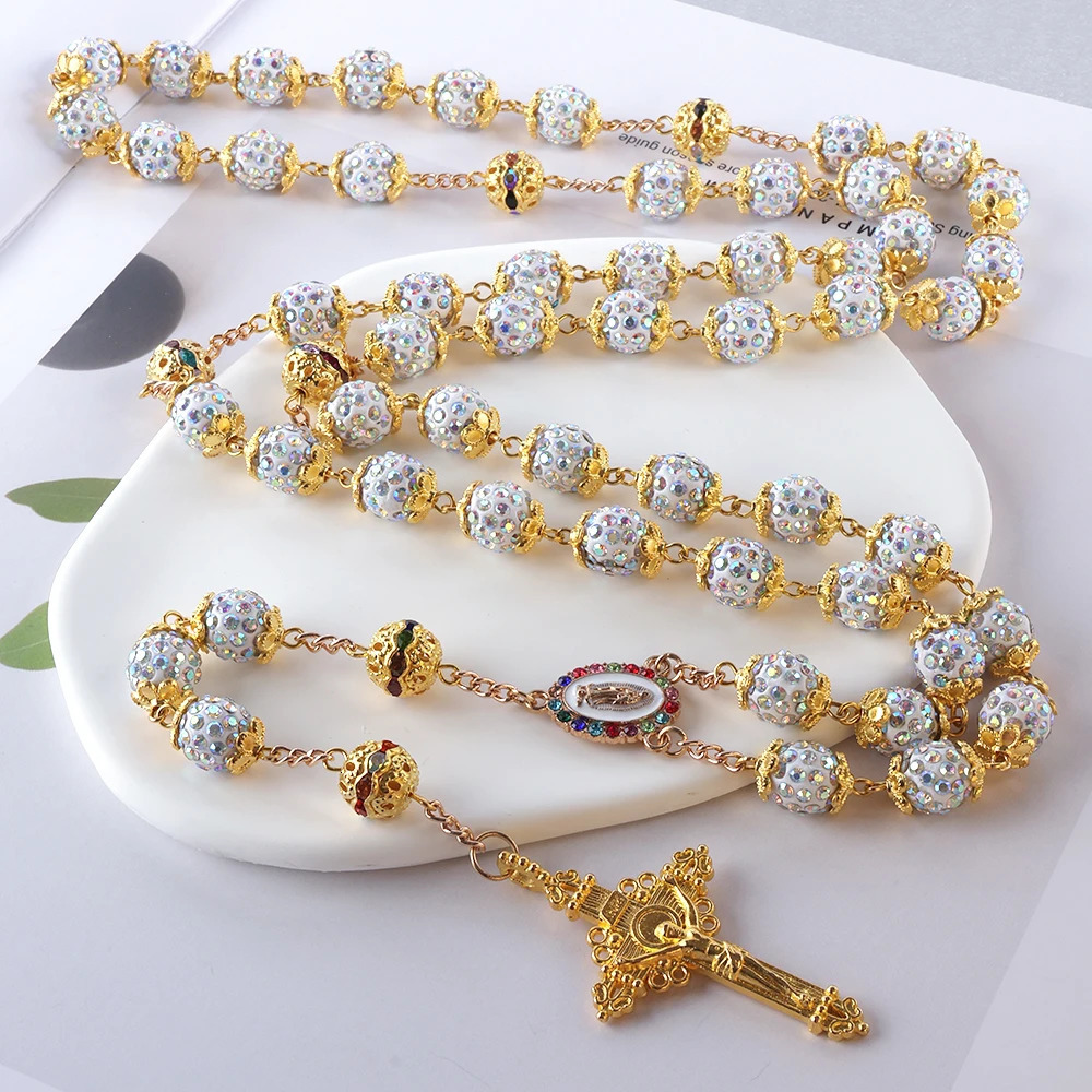 2025 Vintage Catholic 10mm 59 Crystal Rhinestone Beads Cross Necklace 260311