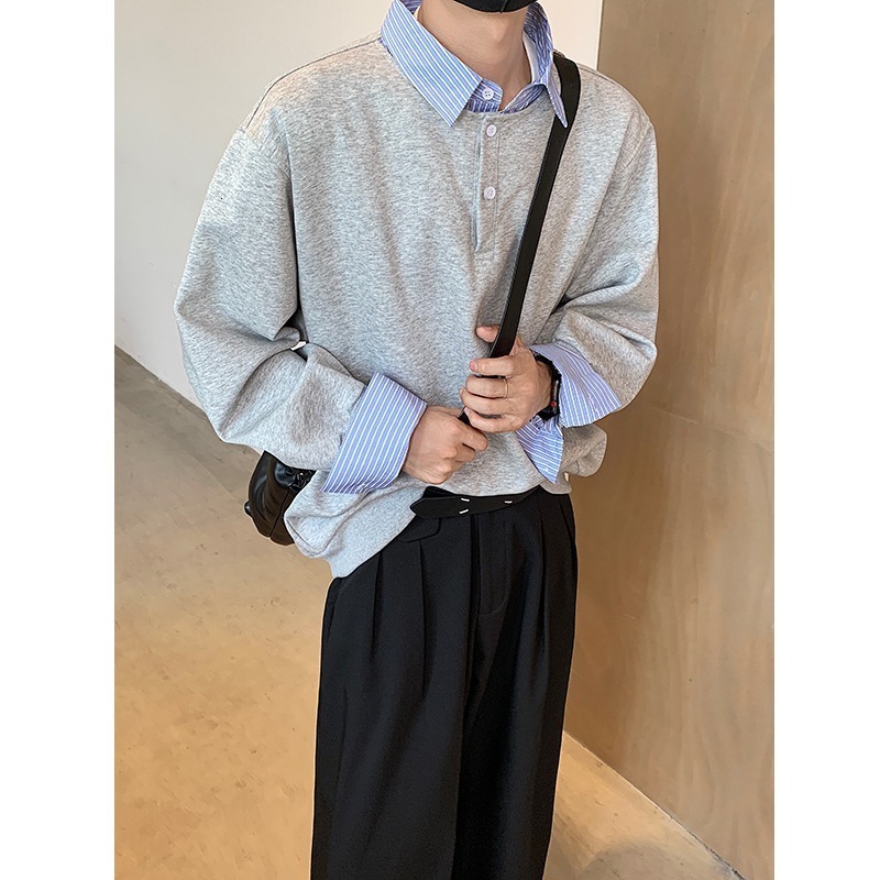 Fake Two-piece Color-blocked Shirt Collar Long-sleeve Fleece-lined Sweatshirt For Designer Hoodie Men Loose Casual Versatile Polo Base Shirt
