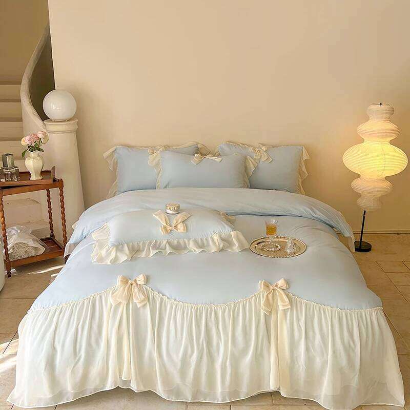 French Princess Style Bedding Sets Ruffle Lace Bow Quilt Romantic Wedding Bedclothes Decor Woman Girls Bedroom Duvet Cover H260312