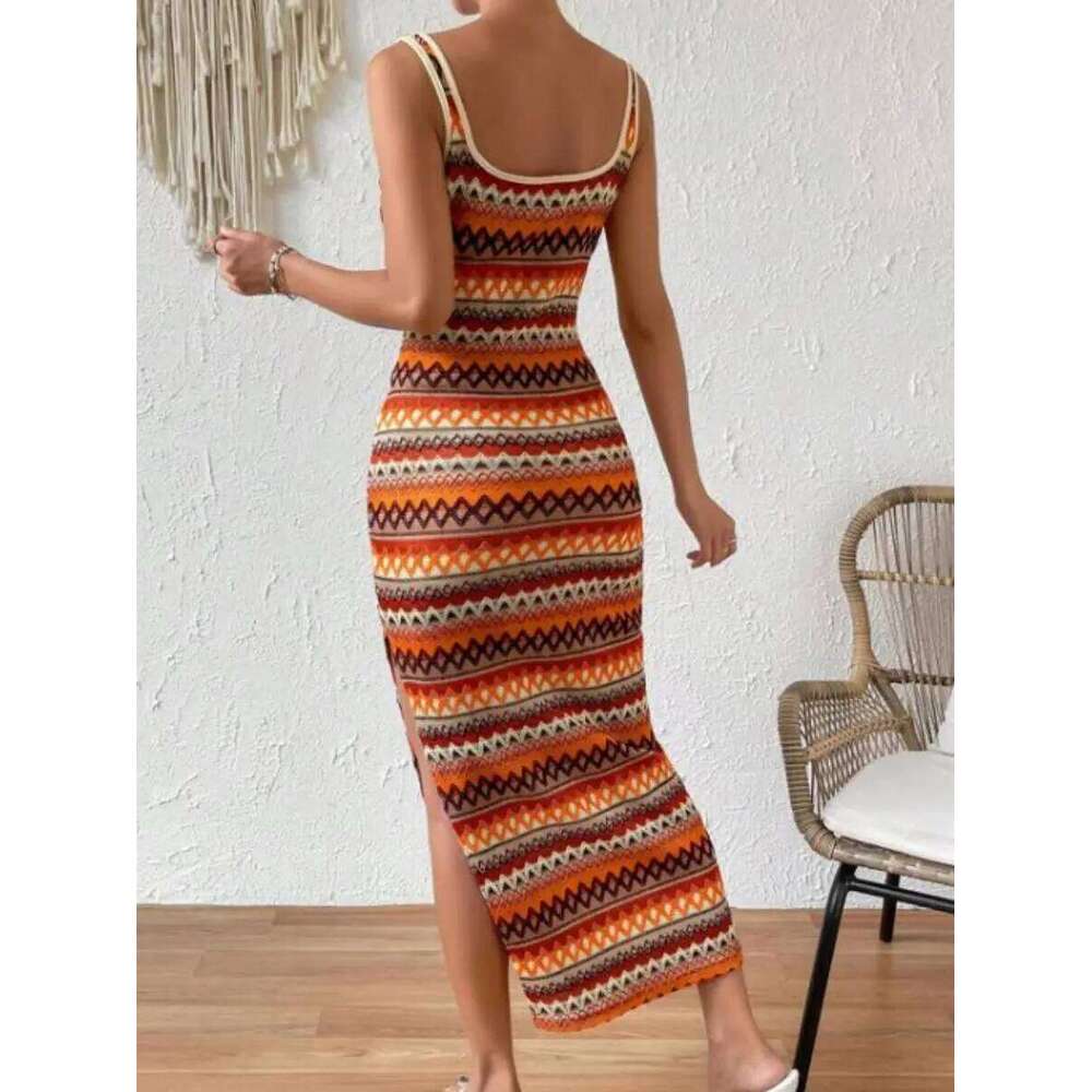 Spring new European and American women's personality street fashion casual stripes sleeveless square collar dress women C260312
