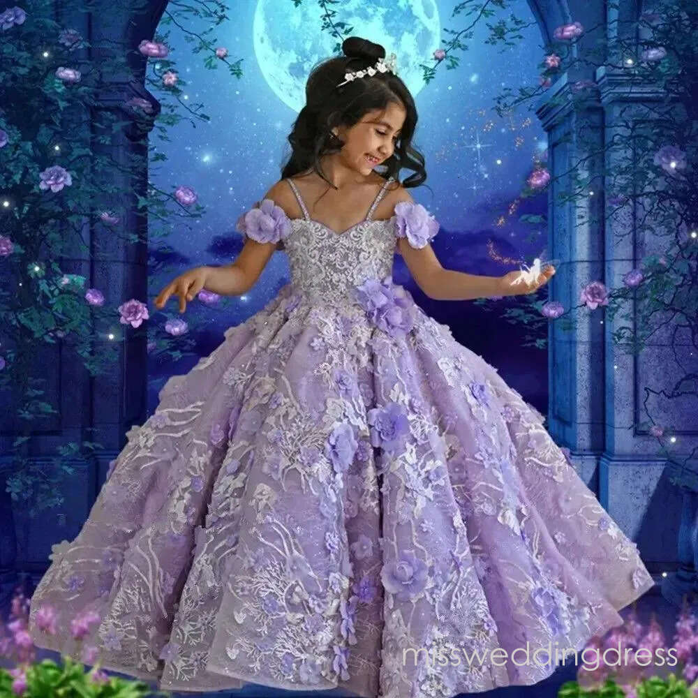 Princess Lanvender Flower Girls Dresses For Weddings 3D Floral Lace Appliques Birthday Party Kids Formal Wear Off The Shoulder Long Pageant Dress G12