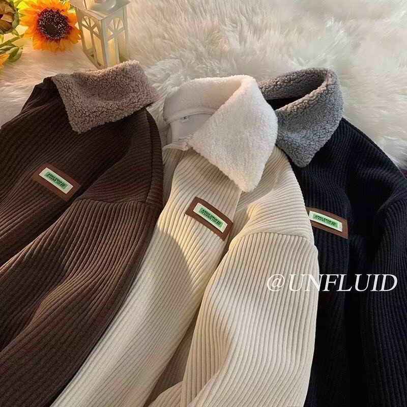 Winter Hong Kong Style Youth Lamb Wool Polo Designer Hoodie Collar Sweatshirt For Men Autumn And Winter Fleece-lined Thick Corduroy Jacket For Men