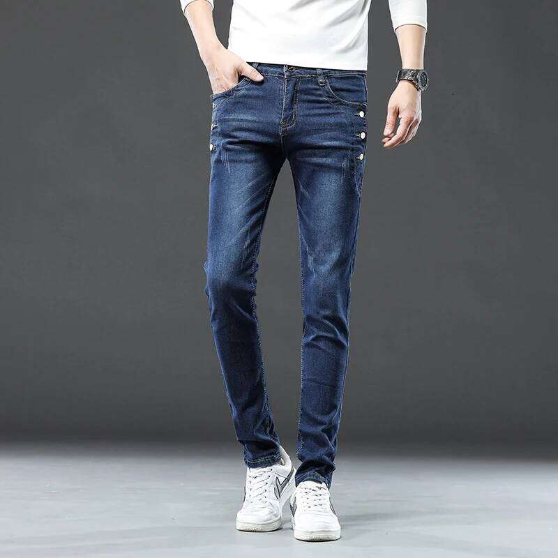 New Men Slim Korean Button Jeans Black Skinny Solid Color Stretch Multi-button Youth Male Denim Pants Streetwear 26Y0312