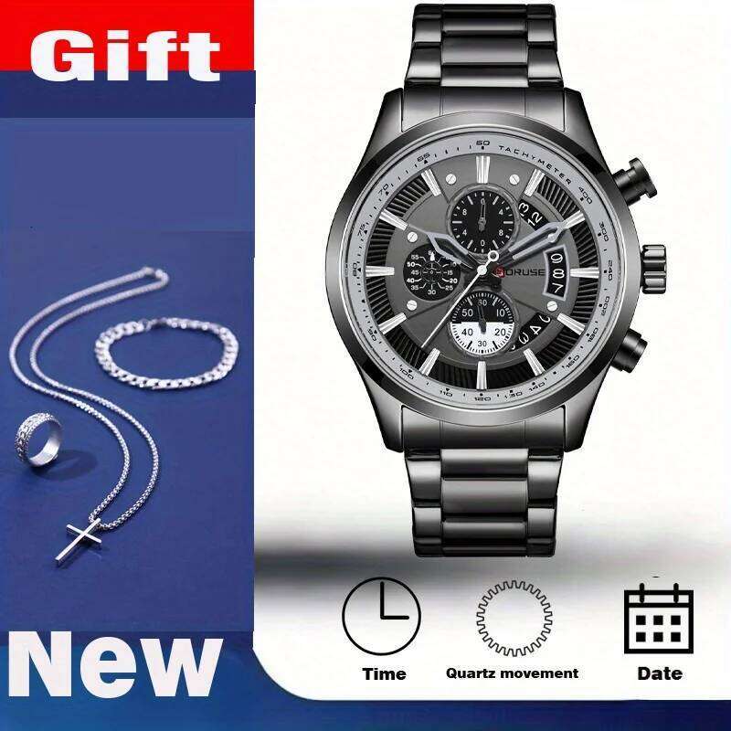 4pcs/set, BORUSE Luxury Watches & Cross Necklace Sets, Mens Stainless Steel Quartz Casual Date Watch for Men Wristwatch