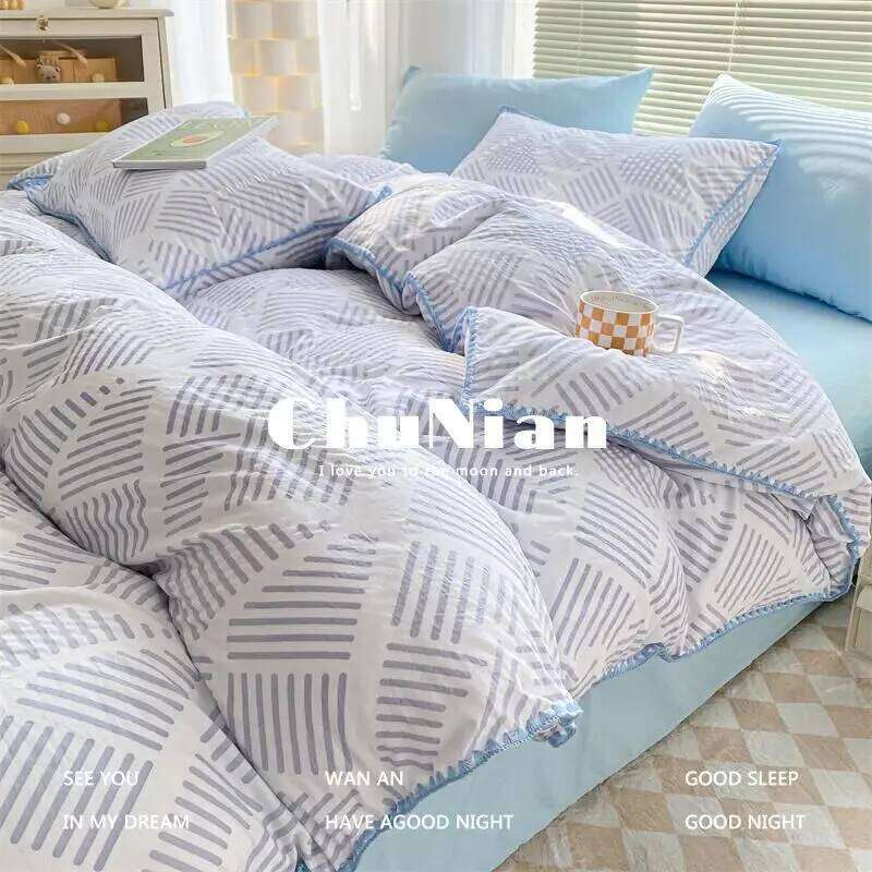 Ins Nordic Simple Style Double-layer Yarn Shell Embroidery Bedding Four-piece Set 1.5 Quilt Cover Bed Sheet H260312