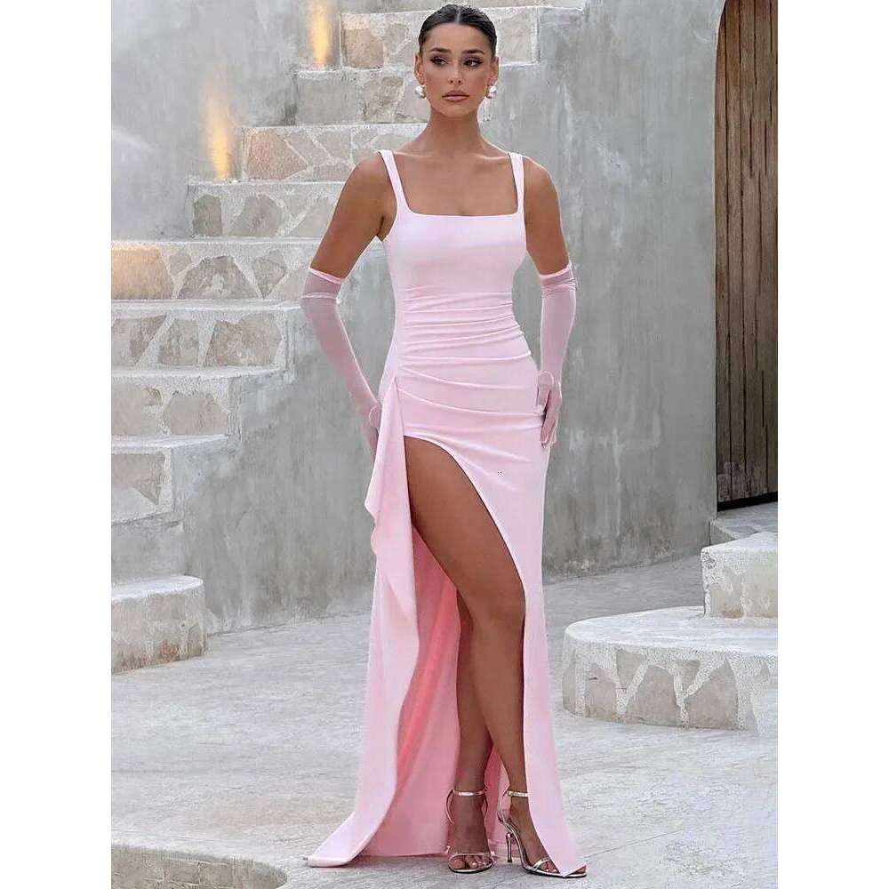 Elegant Spaghetti Strap Sexy Maxi Women Gown Fashion Sleeveless Backless Thigh High Split Draped Club Long Dress C260312
