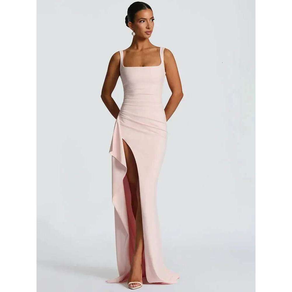 Elegant Spaghetti Strap Sexy Maxi Women Gown Fashion Sleeveless Backless Thigh High Split Draped Club Long Dress C260312