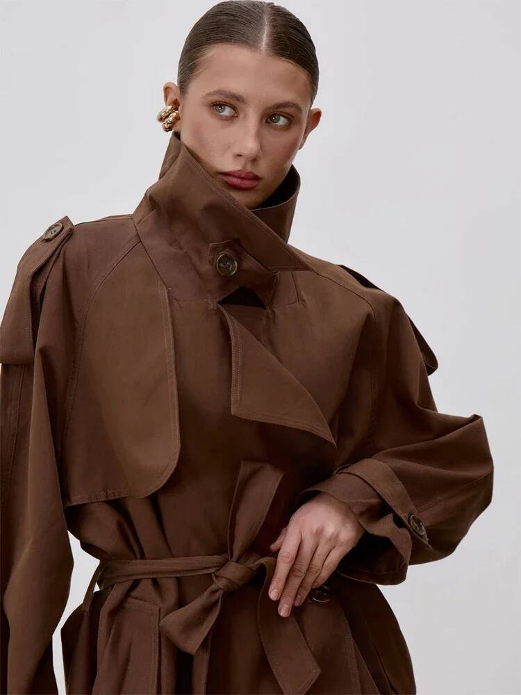 Chic Stand Collar Lace Up Trench Coat Women Long Sleeves Single Breasted Short Windbreaker Spring Lady Daily Street Jacket 2026