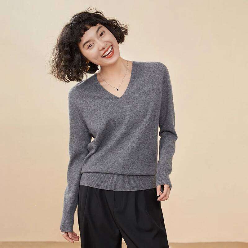 100% Sweater V-Neck Long Sleeve Pullover Spring/Autumn New Female Cashmere Knitwear Tops Basic Women's Clothing MAKOUFEI