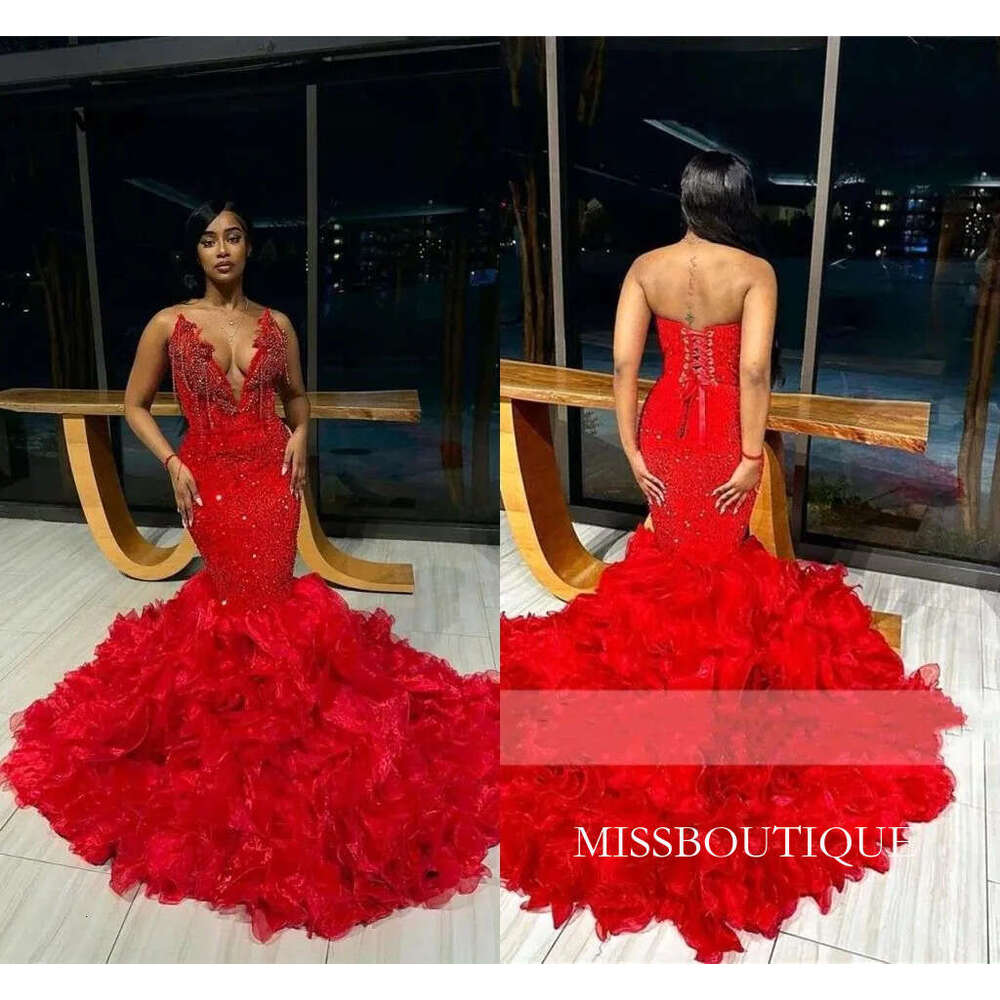 Gorgeous Red Ruffles Prom Dresses Sexy Sheer Plunging V Neck Sequins Beaded Long Black Girl Birthday Party Evening Gowns Bc19974 B0312