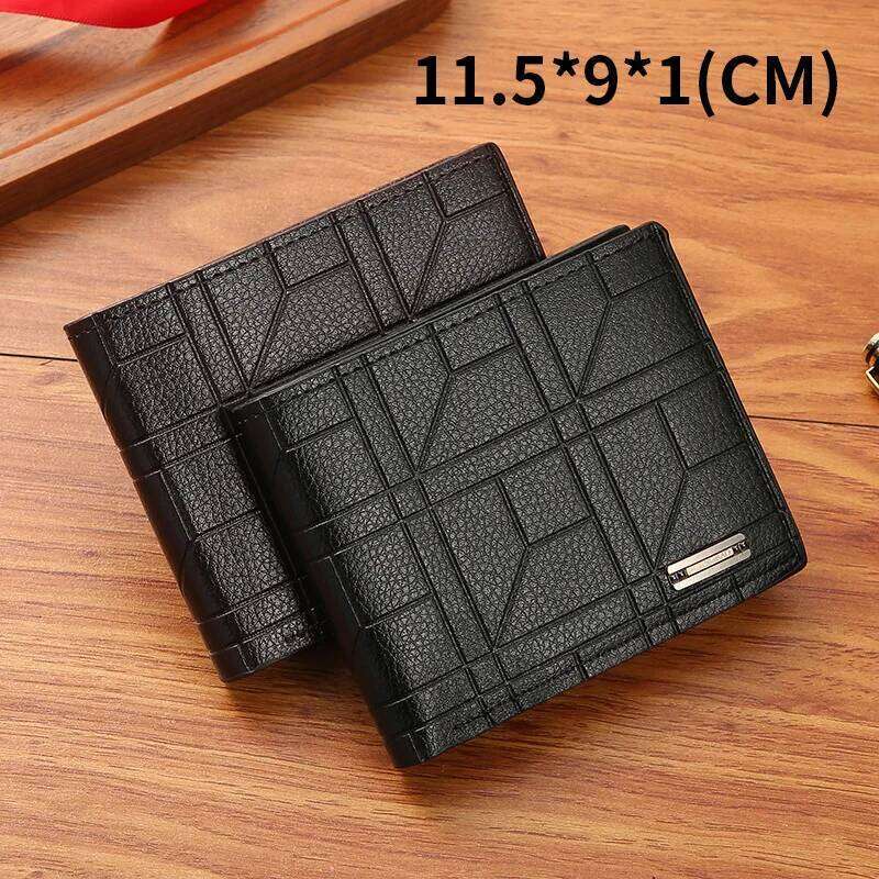 New Brand Men'S Short Youth Fashion Plaid Horizontal Soft Leather Large Capacity Multi Card Wallet