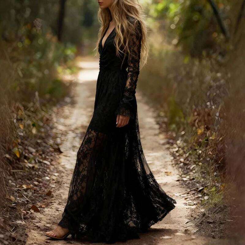 New Deep V Neck Embroidery Lace Woman Spring Hollow Out High Waist Crochet Dresses Autumn Flare Sleeve Jacquard Long Dress C260312