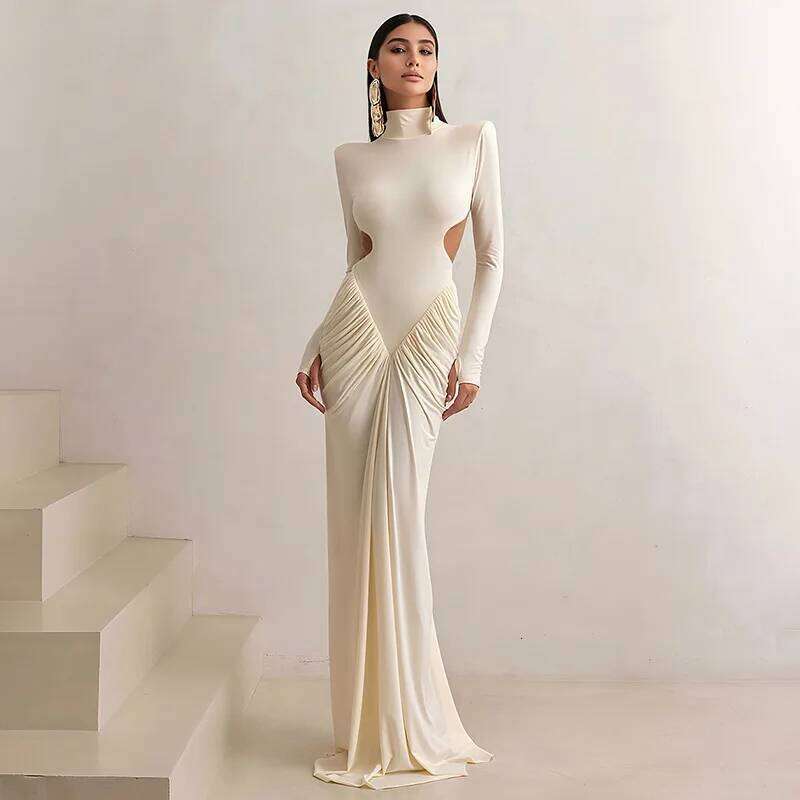 TARUXY Sexy Backless For Women Turtleneck Evening Party Ruched Elegant Solid Long Sleeve Streetwear Maxi Dress C260312