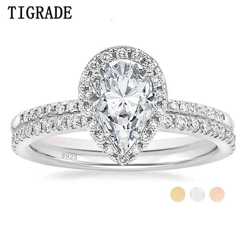 TIGRADE 925 Sterling Silver Wedding Band Teardrop Bridal Rings Sets Halo Cubic Zirconia Solitaire Engagement Ring For Women Size H260312