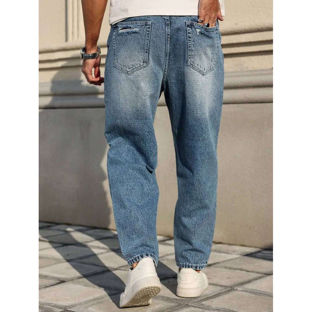 Men's blue ripped jeans, retro distressed beggar pants, street trend loose harem pants