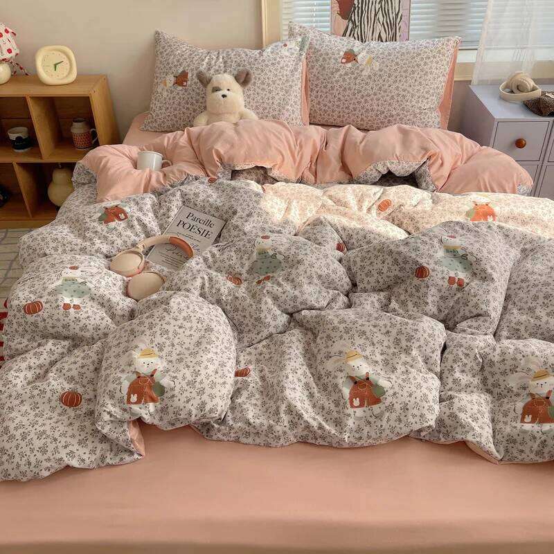 2025 new winter class A imitation cotton four-piece set ancient washing small fresh printing bedding kit H260312