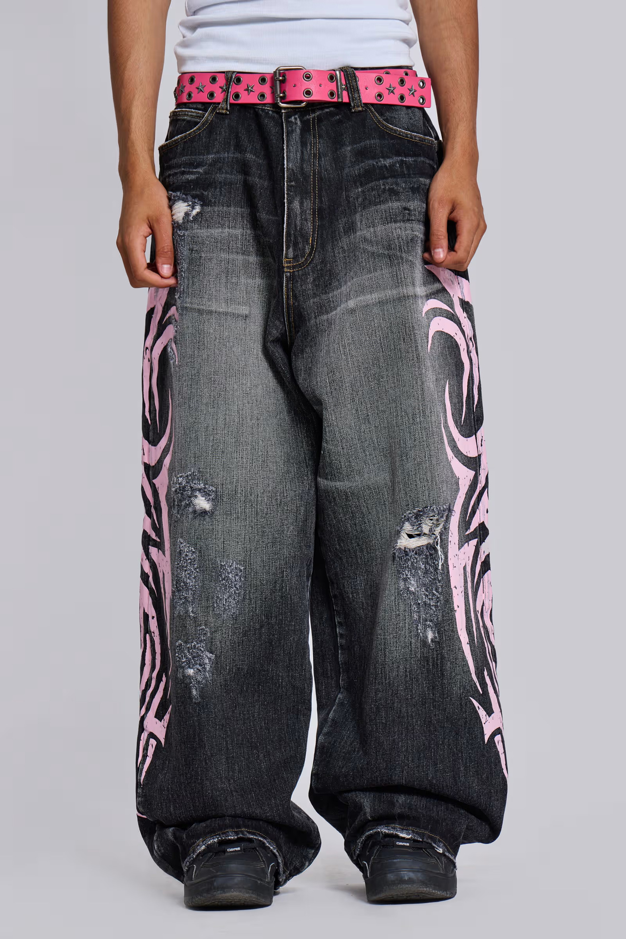 Men's American Graffiti Printed Jeans Casual Fashion Harajuku High Street Vintage Pant Loose Fit Retro High Waist Wash Ripped Jeans