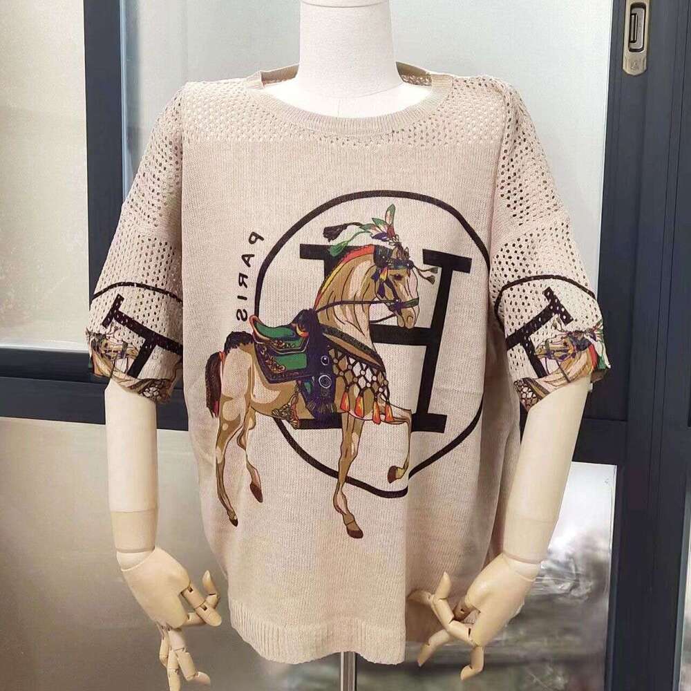 Thin Summer Heavy-Duty European-Style Rhinestone-Embellished White Printed Knitted Pullover Short-Sleeve Top Asia Size