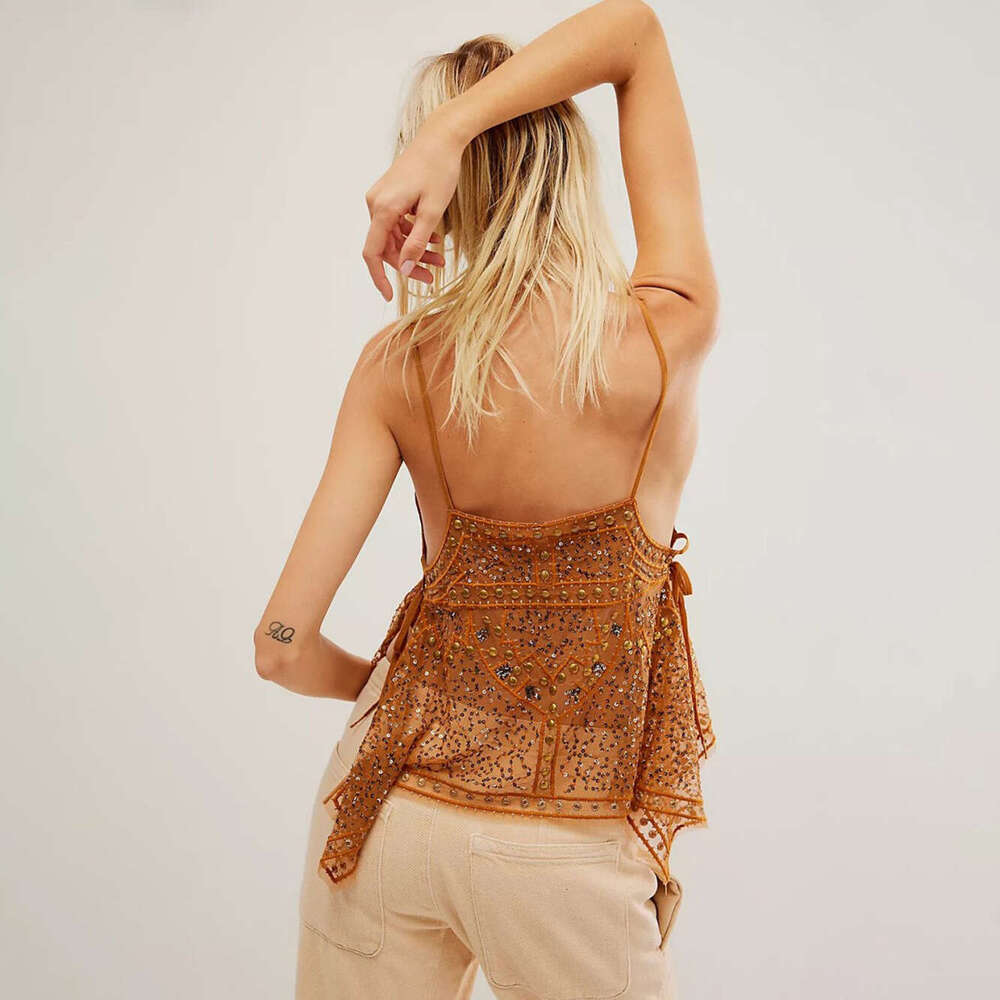 Free shipping designer's new sexy transparent backless seduction casual fashion shiny rhinestone strap beach sunscreen vest