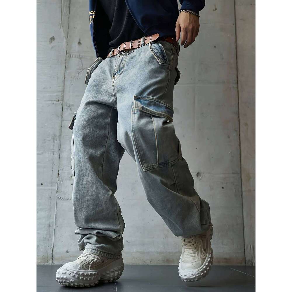 Men's multi pocket work straight leg denim pants