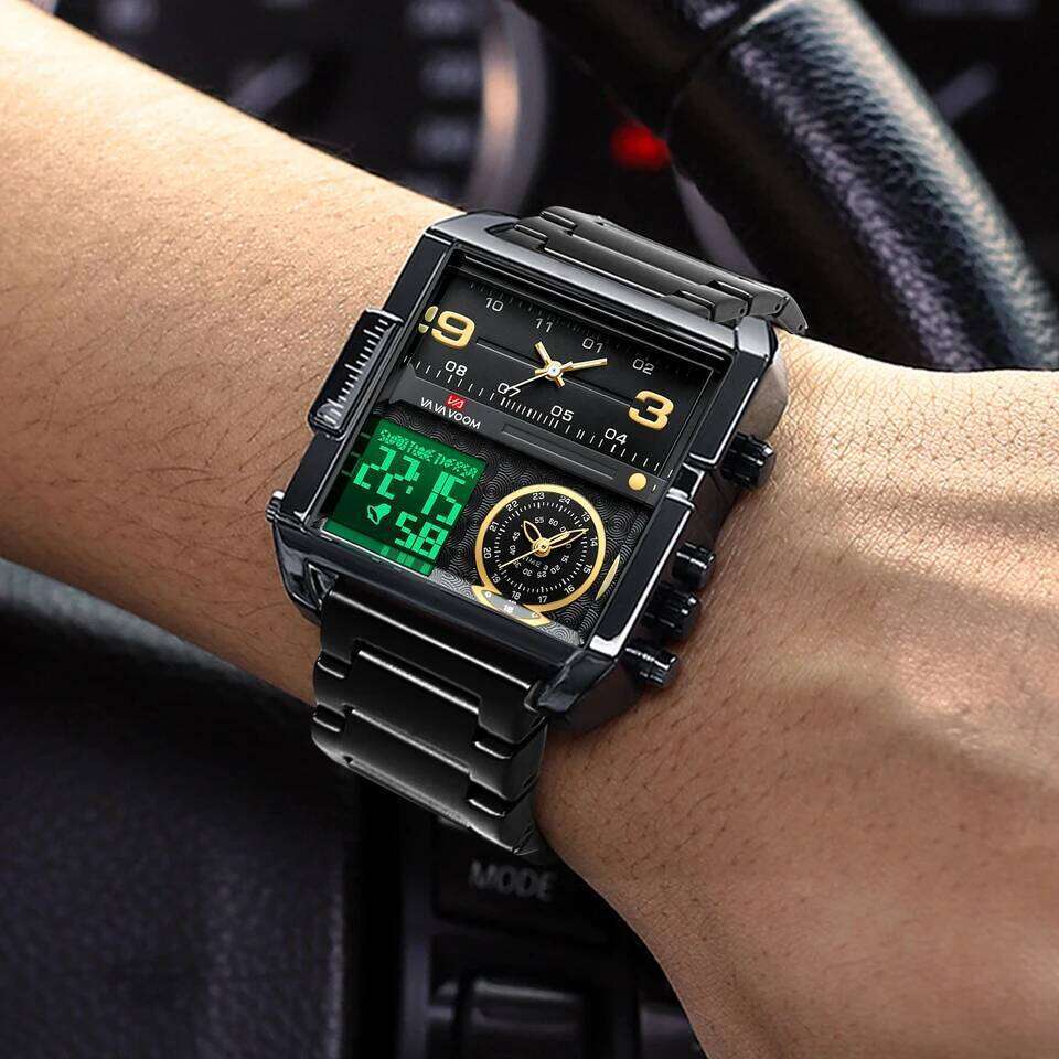 2025 New LED Fashion Square Creative Quartz Movement Black Stainless Steel Waterproof Timing Electronic Watch for Men