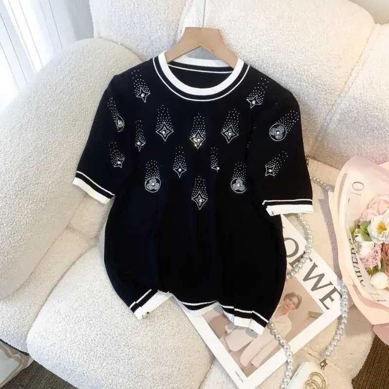 Fashion Diamond Knitted Shirts Women Summer Knit T-Shirts Short Sleeve Knitwear White Black Tops O-neck Thin Pullover NewT260312