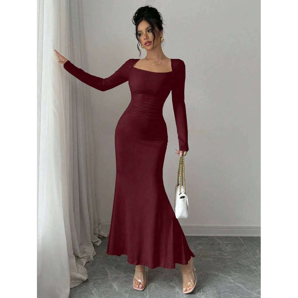 Four Seasons New Style Women's Elegant Temperament Retro Solid Color Square Collar Long Sleeve Dress C260312