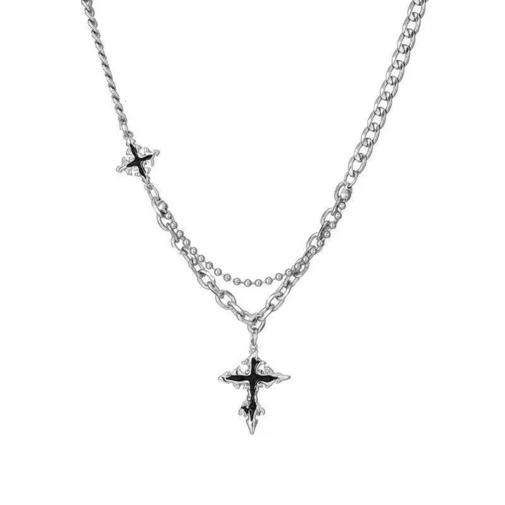 Hiphop Punk Long Cross Necklaces for Women Men Punk Double Layer Splicing Chain Necklace Charm Trend Neck Jewelry Halloween Gift 260311