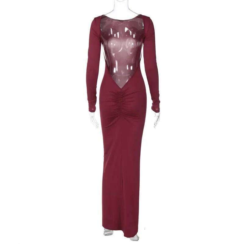 Autumn Winter Sexy Backless Bodycon Ruched Evening Party Maxi Dress Outfit for Women Long Sleeve Black Club Dresses Vestido C260312