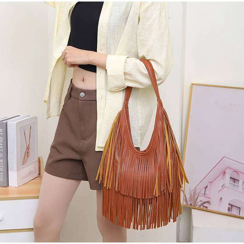 Long Women Leather Bohemian Style Tassel Shoulder Fringe Hobos Armpit Bag Large Capacity Travel Female Tote Handbag WONST