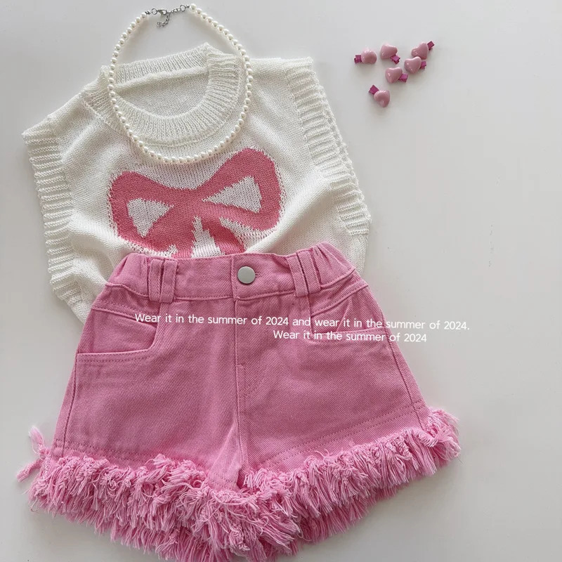 Summer Girls Tassel Denim Shorts Korean Childrens High Waist Loose Jeans Short Pants Girl Fashion Thin pants 27Years 260311