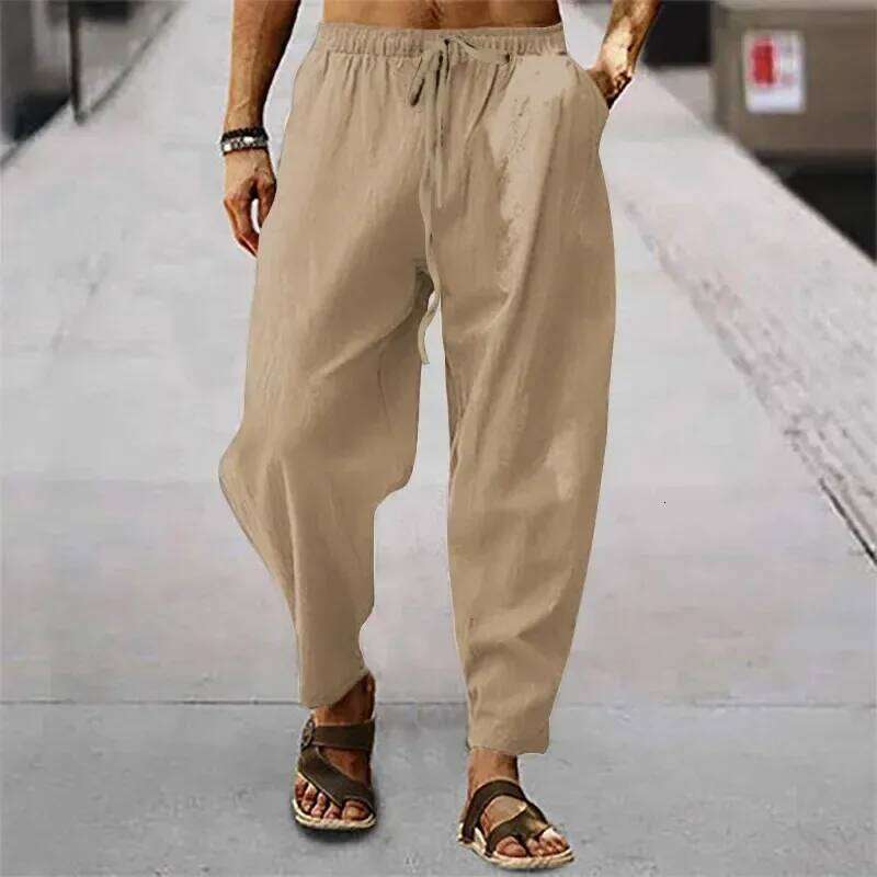 New Men Cotton Linen Summer and Autumn Solid High Waist Wide-Leg Trousers Male Loose Hemp Casual Breathable Sports Pants