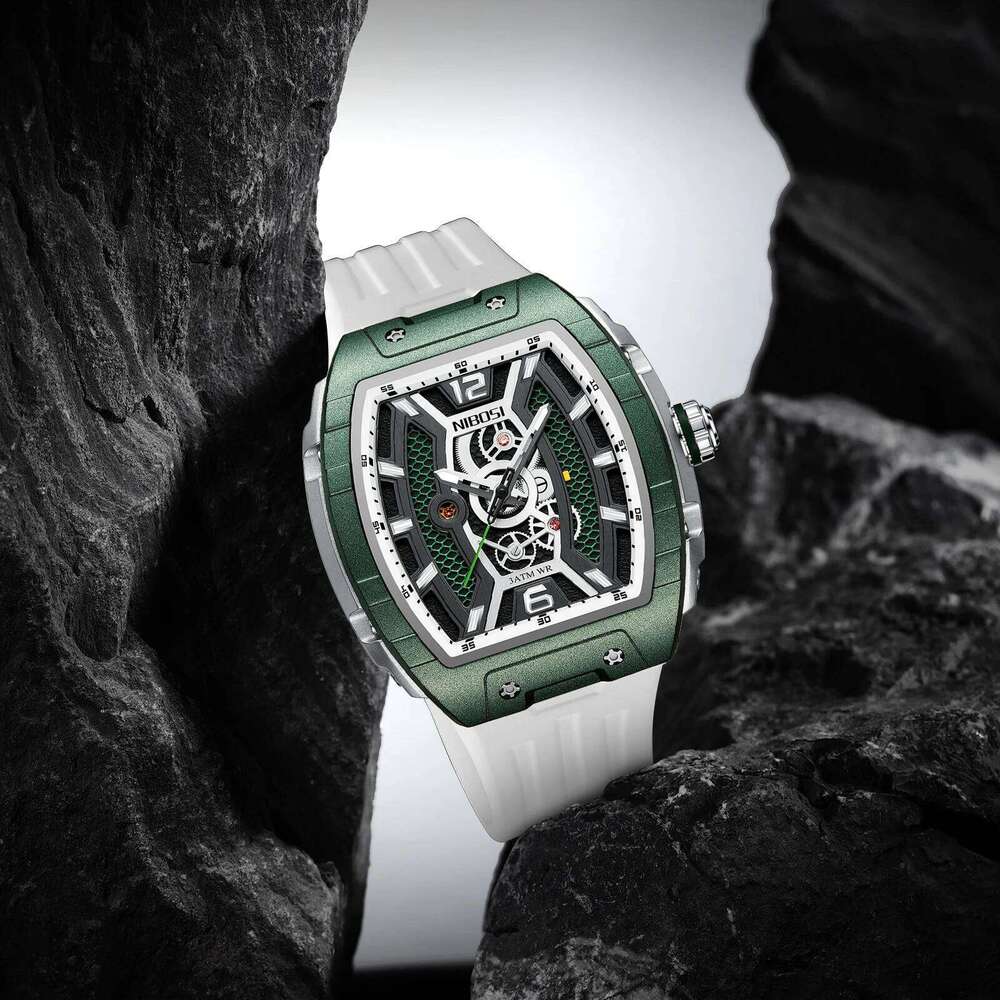 NIBOSI Luxury Automatic Skeleton Watch Men Tonneau Sport Style Silicone Band Quartz Watches 3ATM Water Resistant Luminous Hands