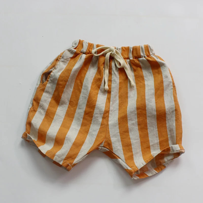 Summer 16Yrs Baby Girls Boys Shorts Cotton Linen Stripes Kids Fashion Casual Pants Children 260311