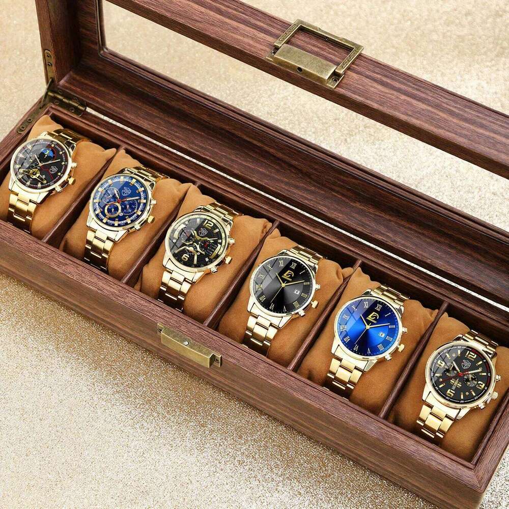 6P/Set Golden Quartz Men, Gold Business Casual Fashion Watch Set for Men