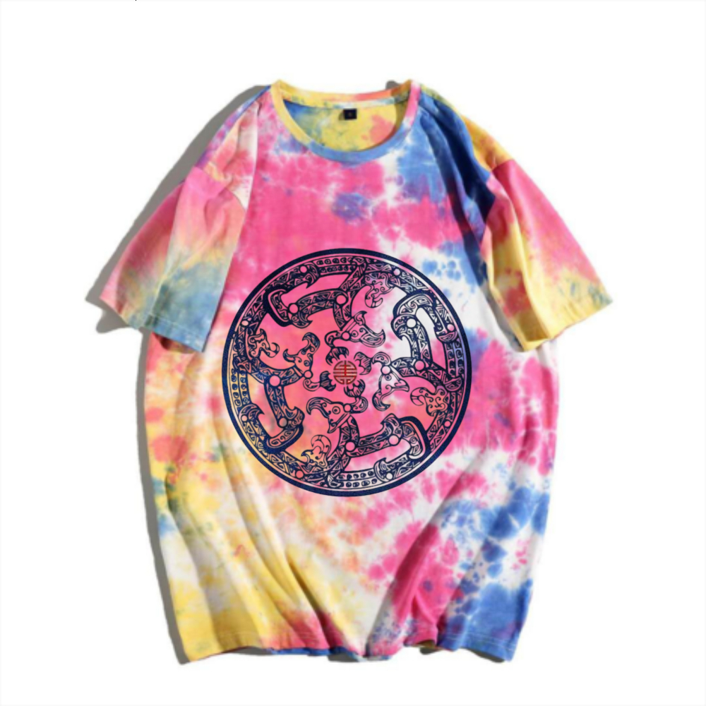 China-Chic New Chinese Auspicious Beast Tie Dyed Short Sleeve T-shirt Rainbow Gradual Change Traditional Pattern Print Men's Summer Versatile Top