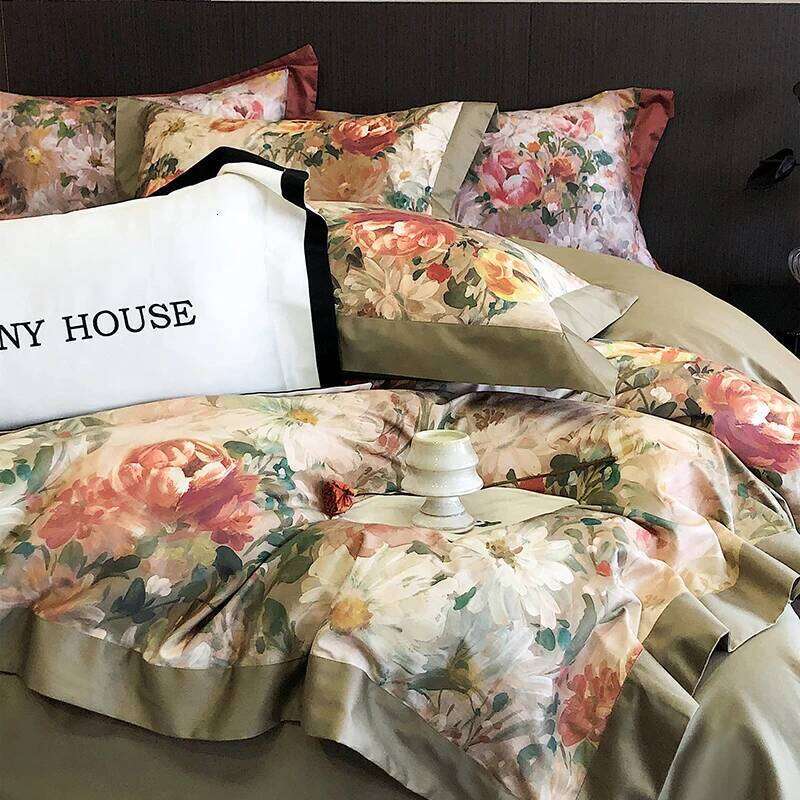 1000TC Egyptian Cotton Vintage Oil Painting Style Flowers Print Bedding Set Duvet Cover Flat/Fitted Bed Sheet Pillowcase 4Pcs H260312