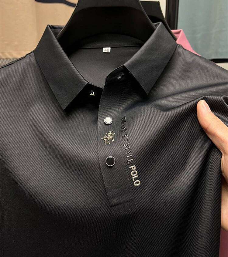 High quality ice silk breathable short sleeve T-shirt Men's Summer Fashion Embroidery Casual Elastic Comfort polo shirt 26H0312