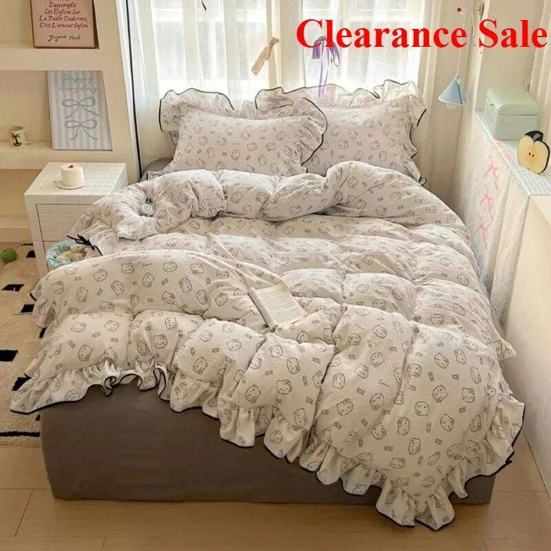 New cream lace girl powder grid Korean version bed four-piece set washed cotton double-layer yarn quilt cover dormitory H260312