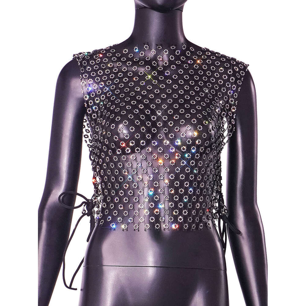 2026 European and American cross-border women's clothing sexy new hollow mesh rhinestone top vest L20790