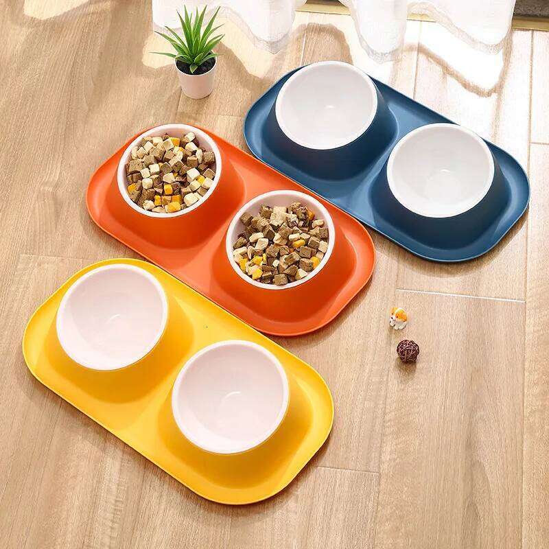 1pc Stainless Steel Double Dog Bowl Cat Food Container Non-slip Base Pet Water Feeder Tilt Safeguard Neck Puppy Cats Bowls 26Y0312