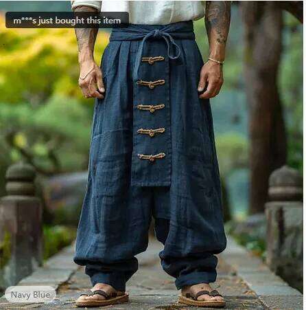Ethnic Style Casual Cotton Linen Wide Leg Spring Summer New Men's Solid Color Lace-up Baggy Pants Vintage Streetwear Male