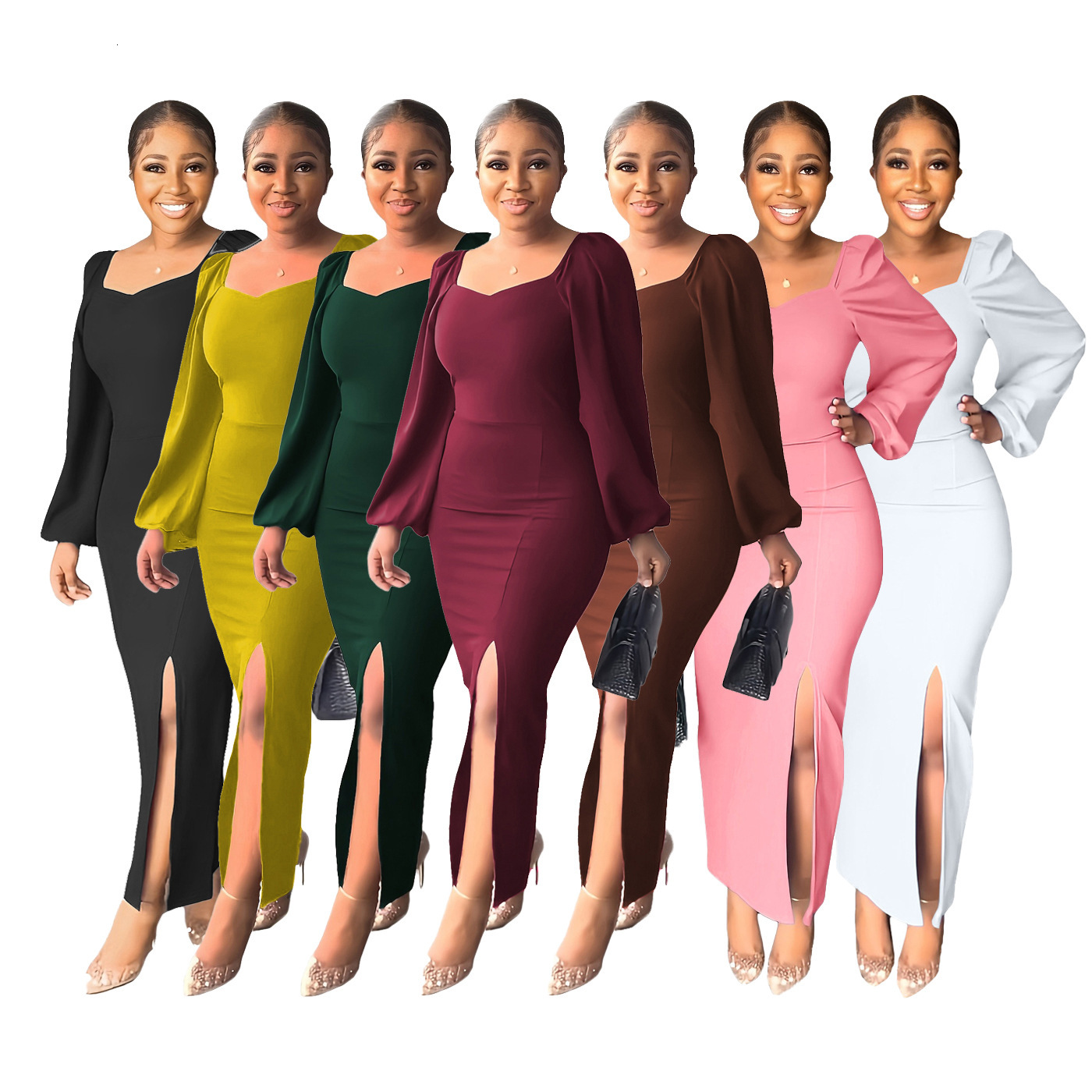 Womens Hot-Selling Solid Color Long-Sleeve Sexy Backless Bodycon Slit One-Piece Dress