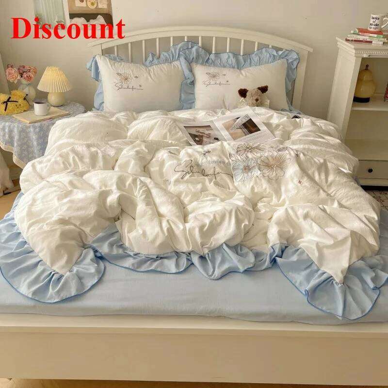 Lace embroidery small fresh and cute girl heart four-piece set washed cotton summer sheet quilt cover bed hat H260312