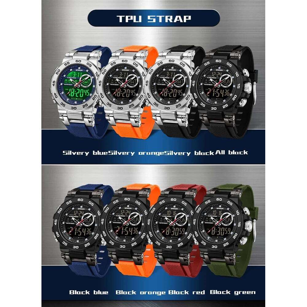 SANDA New 6296 Fashionable Sports Multifunctional Waterproof Large Dial Three Pin Men's Electronic Watch